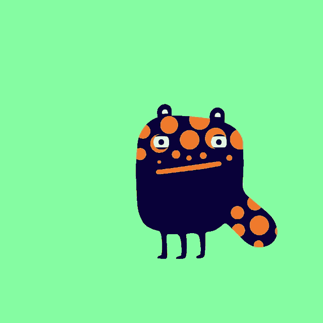 a cartoon drawing of a monster with big teeth and orange spots