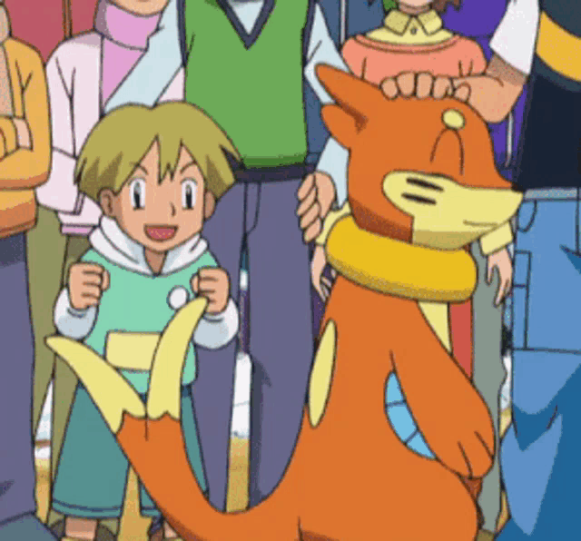 a group of cartoon characters are posing for a picture including a boy and a fox
