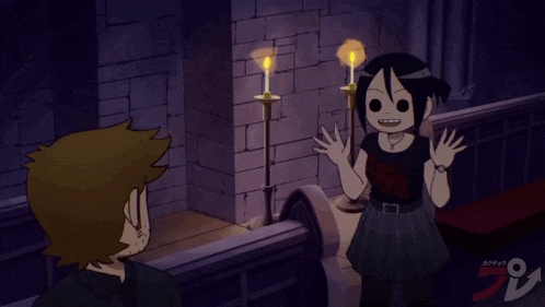 a cartoon drawing of a girl giving a thumbs up to a man