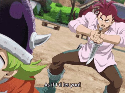 a man in a pink shirt is holding a sword and says " as if i 'd let you "