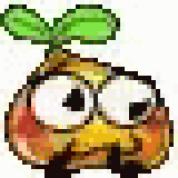 a cartoon character with big eyes and a green leaf on top of it .