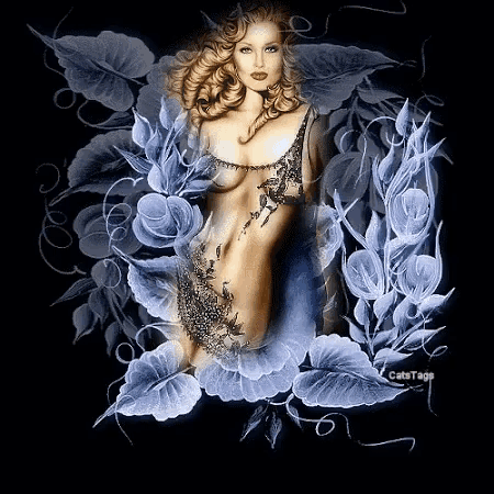 a woman is surrounded by blue flowers and leaves on a black background