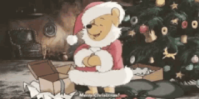a cartoon of winnie the pooh wearing a santa suit and saying merry christmas