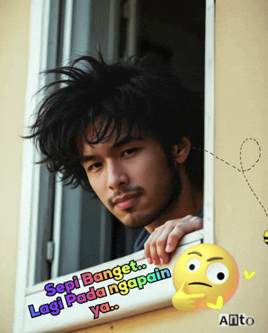 a picture of a man looking out a window with a sticker that says sepi banget lagi pada ngapain ya