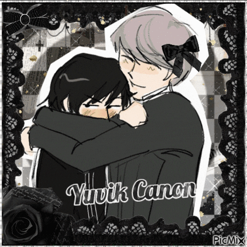 a drawing of two people hugging with the name yuvik canon written on the bottom