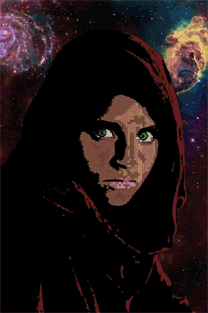 a drawing of a woman with green eyes and a black hood