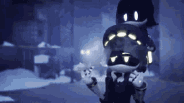 two cartoon characters are standing next to each other in a dark room .