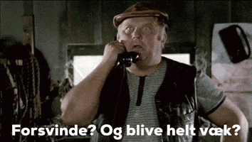 a man wearing a hat is talking on a cell phone with the words forsvinde og blive helt vek written below him