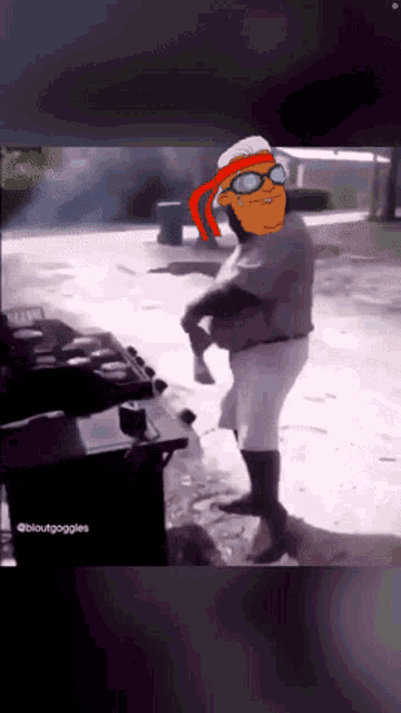 a cartoon of a man wearing goggles holding a child