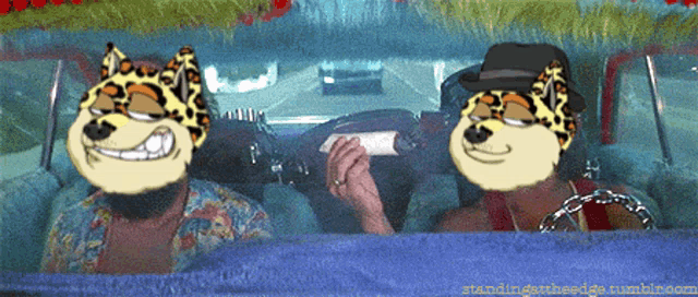 a couple of cartoon characters in a car with the word standing on the right