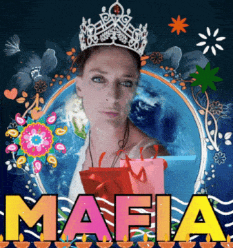 a woman with a crown on her head is surrounded by shopping bags and the word mafia in yellow