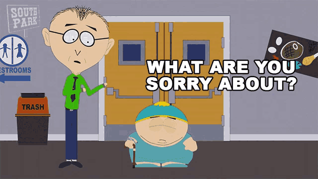 a cartoon of a man standing in front of a south park restrooms sign