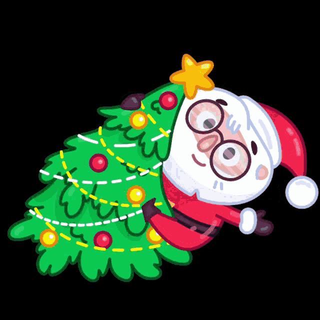 a cartoon of santa claus holding a christmas tree on a black background