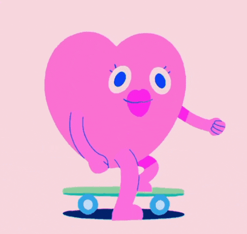 a cartoon illustration of a pink heart riding a skateboard on a pink background