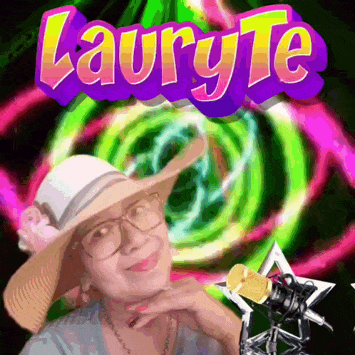 a woman wearing a hat and glasses is standing in front of a sign that says laury te
