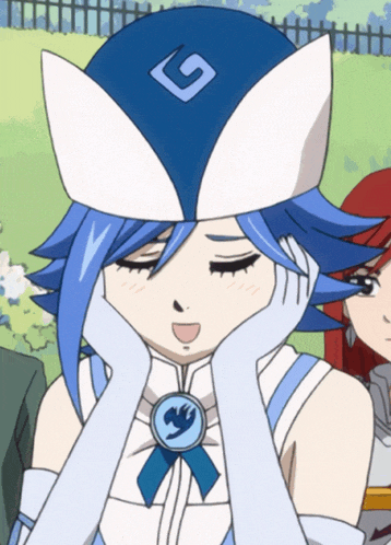 a girl with blue hair and a white hat with a g on it