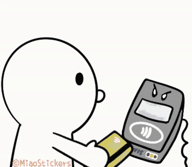 a cartoon of a man holding a credit card and a visa card reader