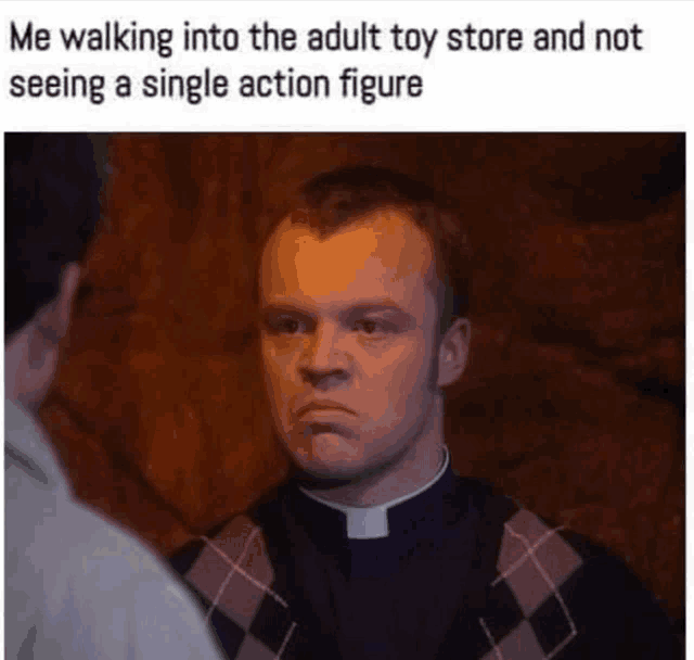 a man in a priest 's robe is walking into the adult toy store and not seeing a single action figure .
