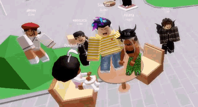 a group of kids are sitting around a table in a video game .