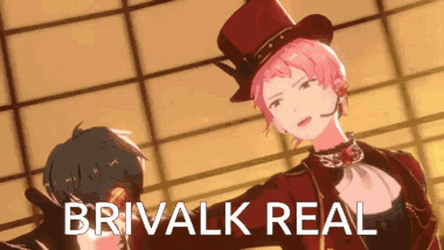 a girl in a top hat is standing next to a boy and the words brivalk real are written below her