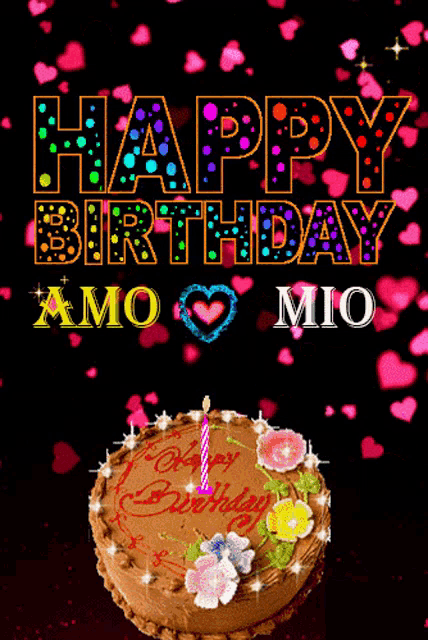 a happy birthday card with a cake and hearts