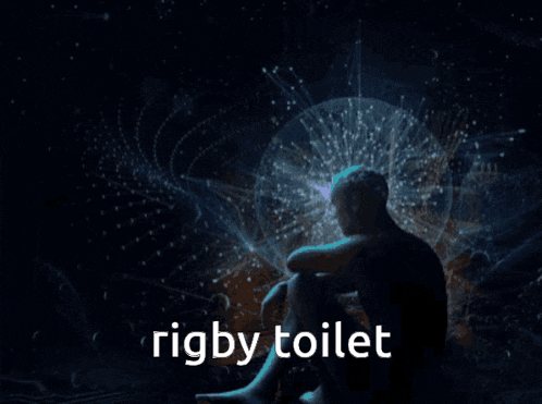 a silhouette of a man with the words rigby toilet written on the bottom