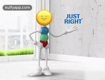 a cartoon character with a smiley face on his head and the words just right above him