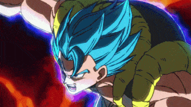 a cartoon character with blue hair and a green shirt is flying through the air