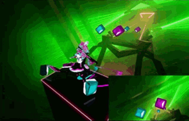 a video game with a green background and purple cubes