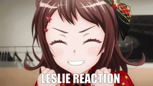 a picture of a girl with the words " leslie reaction " on the bottom