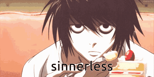 a cartoon character is eating a piece of cake and the word sinerless is on the bottom left