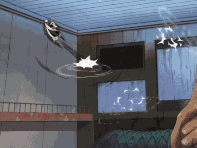a cartoon drawing of a room with a couch and a tv