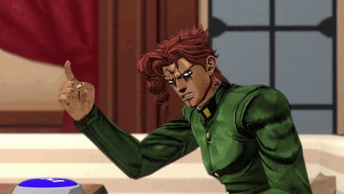 a cartoon character giving a thumbs up with a blue button in the background