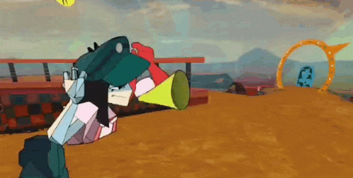 a cartoon character is holding a megaphone in front of a ring .