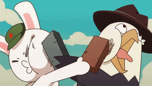 a cartoon rabbit with a red star on its hat is holding a brick next to an eagle
