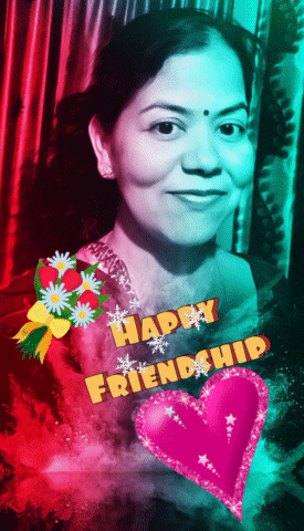 a woman is surrounded by flowers and a heart with the words happy friendship written on it