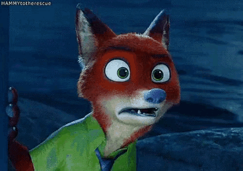 a cartoon fox with a blue nose is wearing a green shirt and tie and waving .