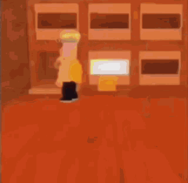 a cartoon character is standing in a room with a brick wall and talking to another character .