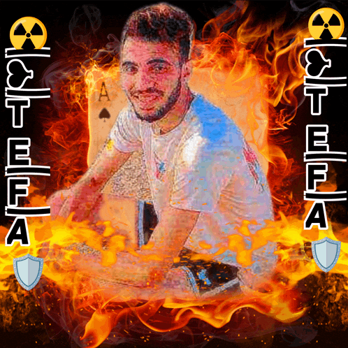 a man in a white shirt is surrounded by flames and the words " lost eye a "