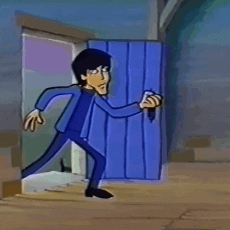 two men in blue suits are dancing in front of a door .