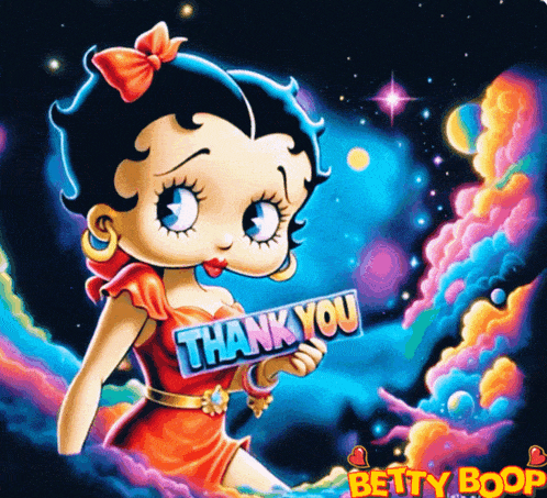 betty boop is holding a thank you sign in her hand