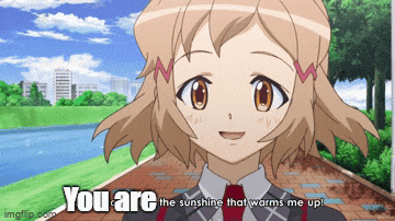 a girl in a school uniform with the words you are the sunshine that warms me up