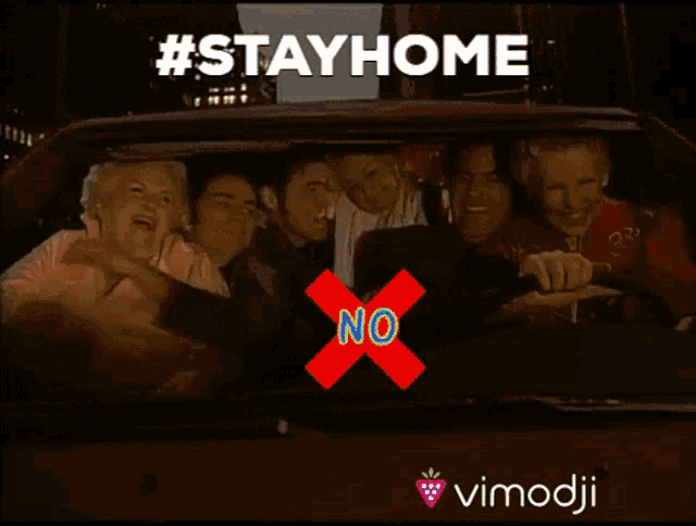 a group of people sitting in a car with the words #stayhome above them