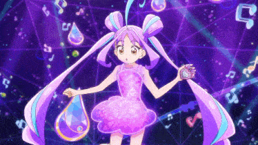 a girl in a pink dress is holding a purple object