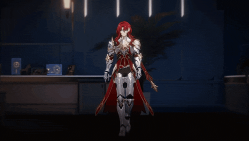 a woman with red hair is standing in a dark room with petals falling around her