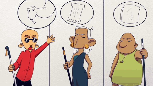 a cartoon drawing of a man with a cane a woman with a cane and a man with a cane