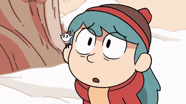 a cartoon of a girl with blue hair and a red hat holding a small bird
