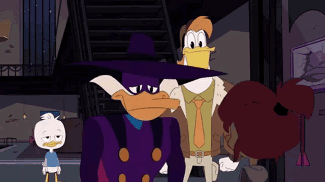 a group of cartoon characters including a duck wearing a hat