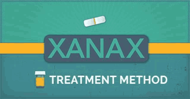 a xanax treatment method poster with a bottle and a pill on a blue background .