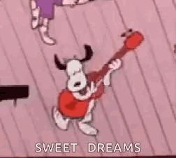 snoopy is playing a guitar in a cartoon and says sweet dreams .
